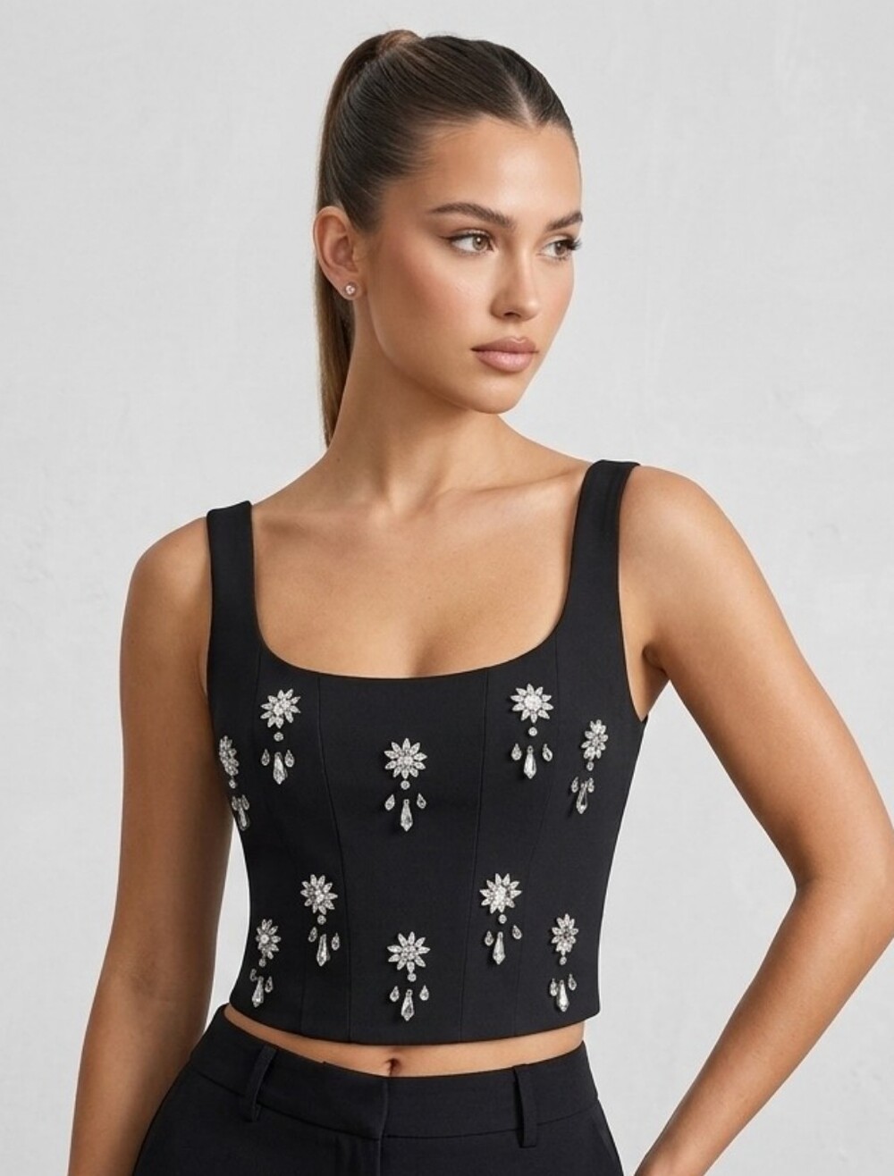 Floral Crystal Back Zipper Top